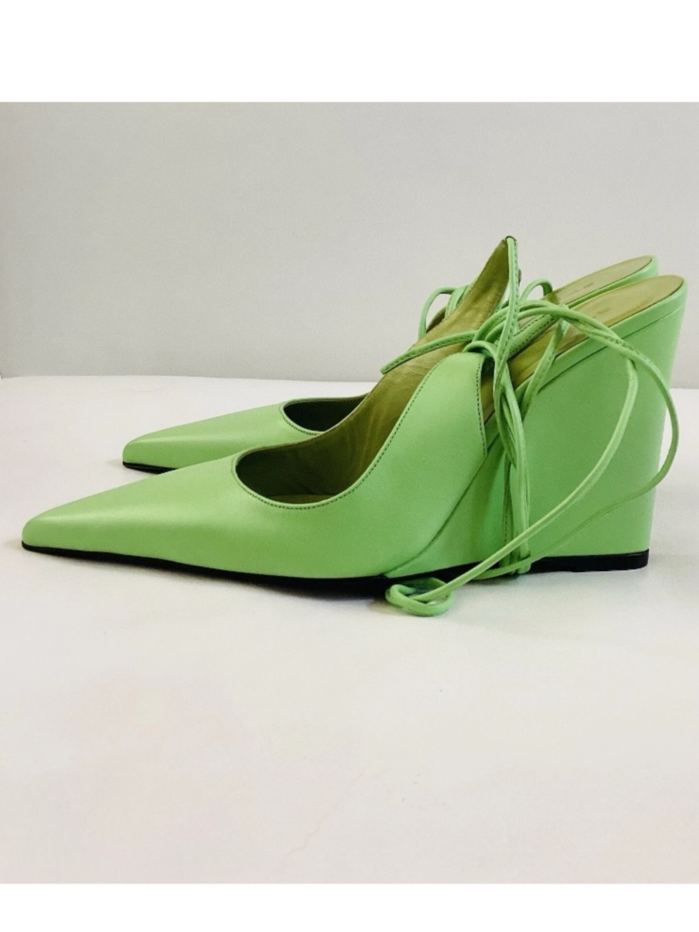 BY FAR Lime Green Leather Pointed Toe Wedge Slingback Heels SZ 6